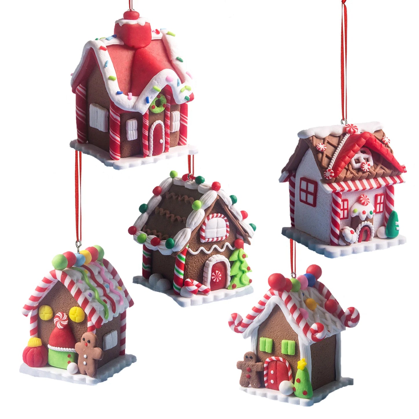 5 Stück Haus-Ornamente Set – Lebkuchenhaus Weihnachtsbaum Ornament mit Aufhängeband – Festliche Urlaub Weihnachtsdekoration