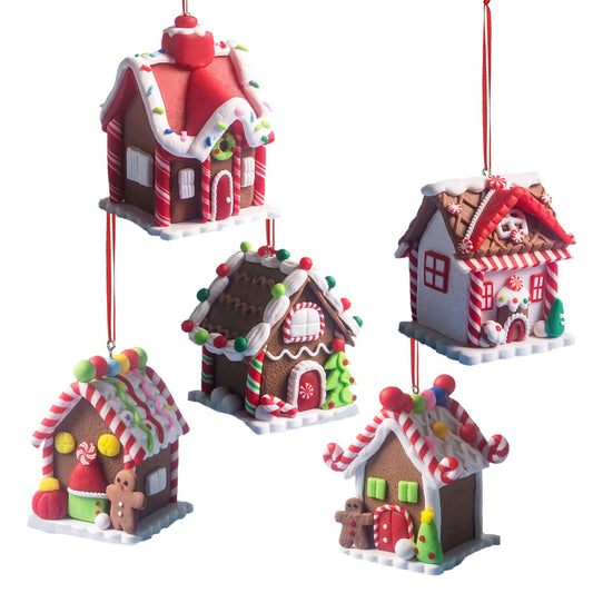 5 Stück Haus-Ornamente Set – Lebkuchenhaus Weihnachtsbaum Ornament mit Aufhängeband – Festliche Urlaub Weihnachtsdekoration