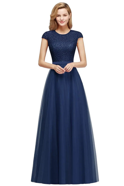 A-line Sash Scoop Neckline Short Lace Short Sleeves Elegant Dresses For Women Floor-length Dresses For Special Events Prom
