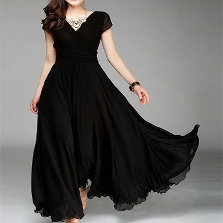 Women's Short-Sleeved Chiffon Evening Dress, Female Party Dress, Monochromatic, Bohemian, Long, Elegant, New, 2022