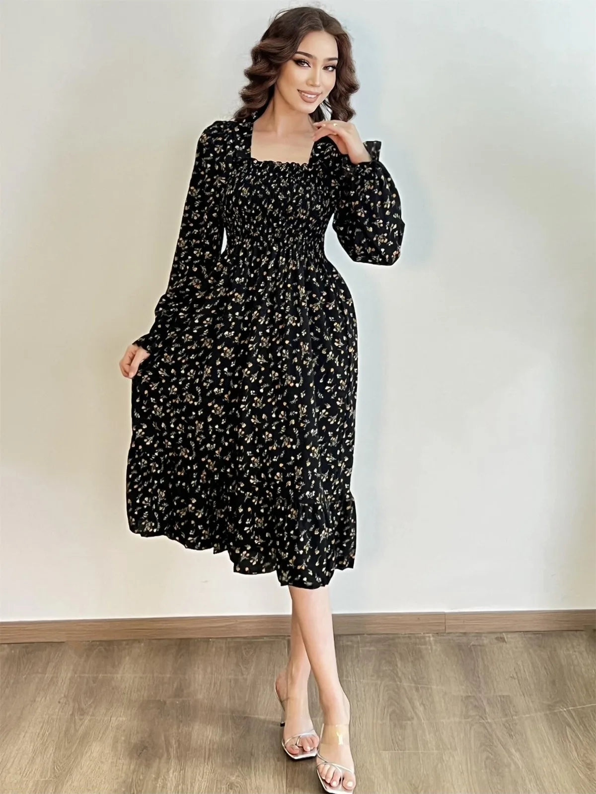Autumn Spring Casual Dress Women Chiffon Dresses Long Sleeve A-line Printed Floral Elastic Chest Lace Up Midi Dresses Vestidos