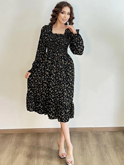Autumn Spring Casual Dress Women Chiffon Dresses Long Sleeve A-line Printed Floral Elastic Chest Lace Up Midi Dresses Vestidos