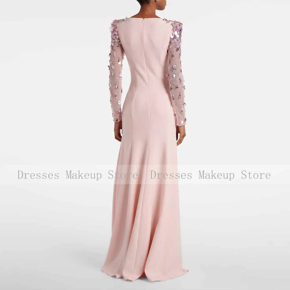 Luxury Evening Dresses for Women Boat Neck Illusion Sequined Full Sleeves Evening Gowns Mermaid/Trumpet Pink Wedding Guest Dress