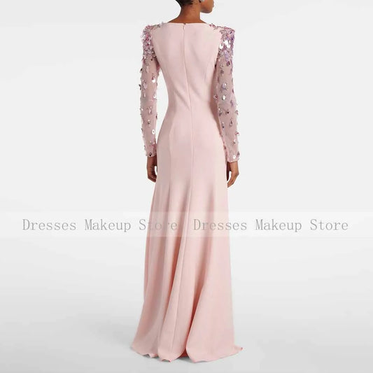 Luxury Evening Dresses for Women Boat Neck Illusion Sequined Full Sleeves Evening Gowns Mermaid/Trumpet Pink Wedding Guest Dress