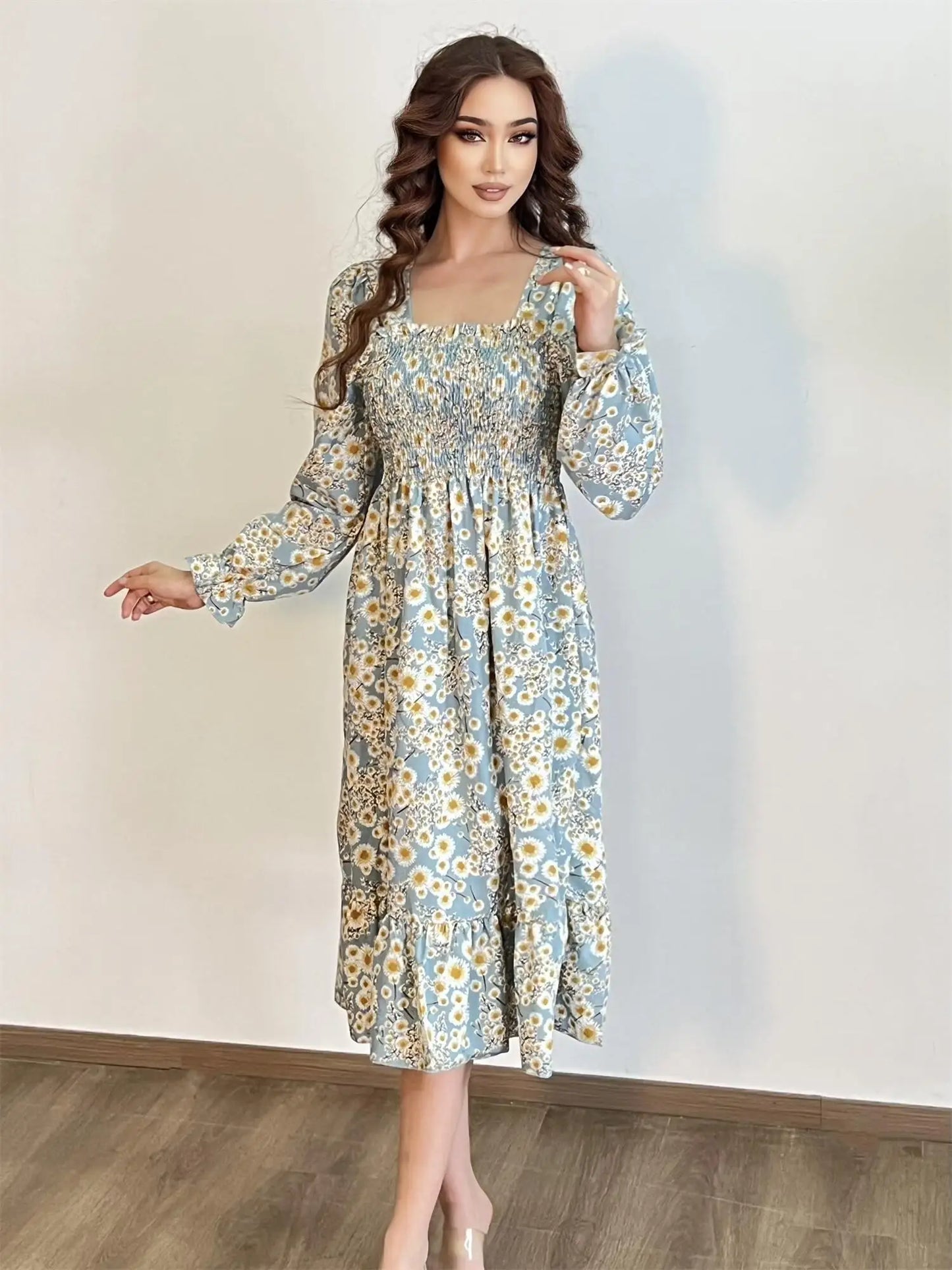 Autumn Spring Casual Dress Women Chiffon Dresses Long Sleeve A-line Printed Floral Elastic Chest Lace Up Midi Dresses Vestidos