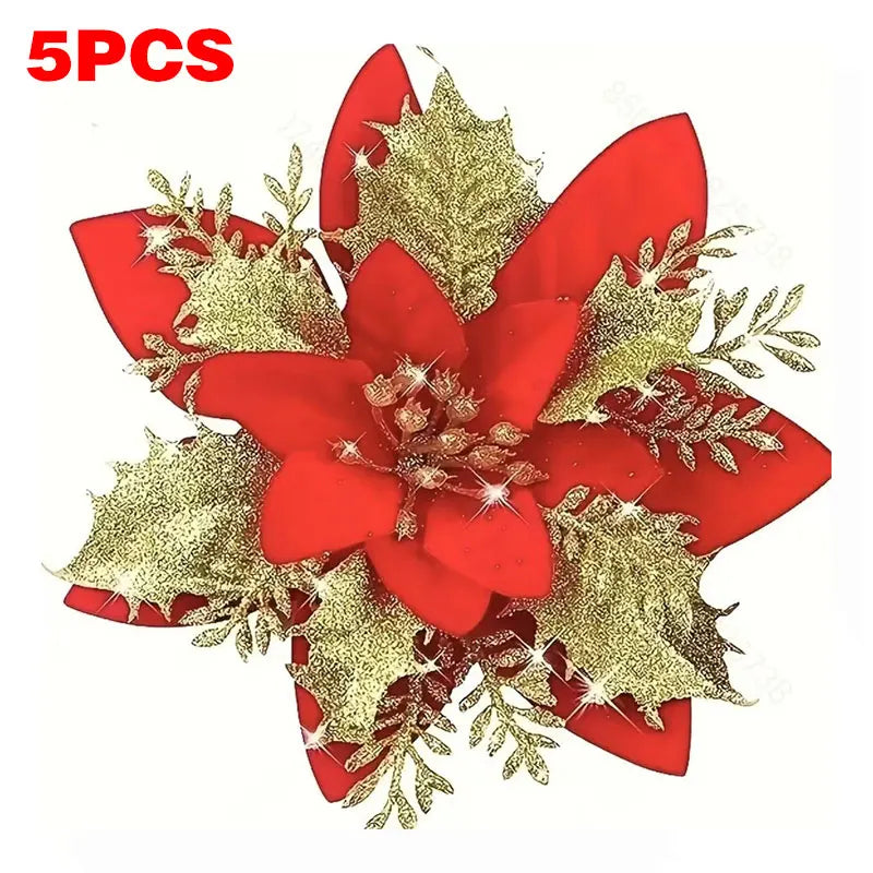 Künstliche Glitzer-Weihnachtsdekoration – Blumen für Weihnachtsbaumschmuck – Gefälschte Blumen – Neujahrs- & Partydekoration – Heimdekoration Weihnachten