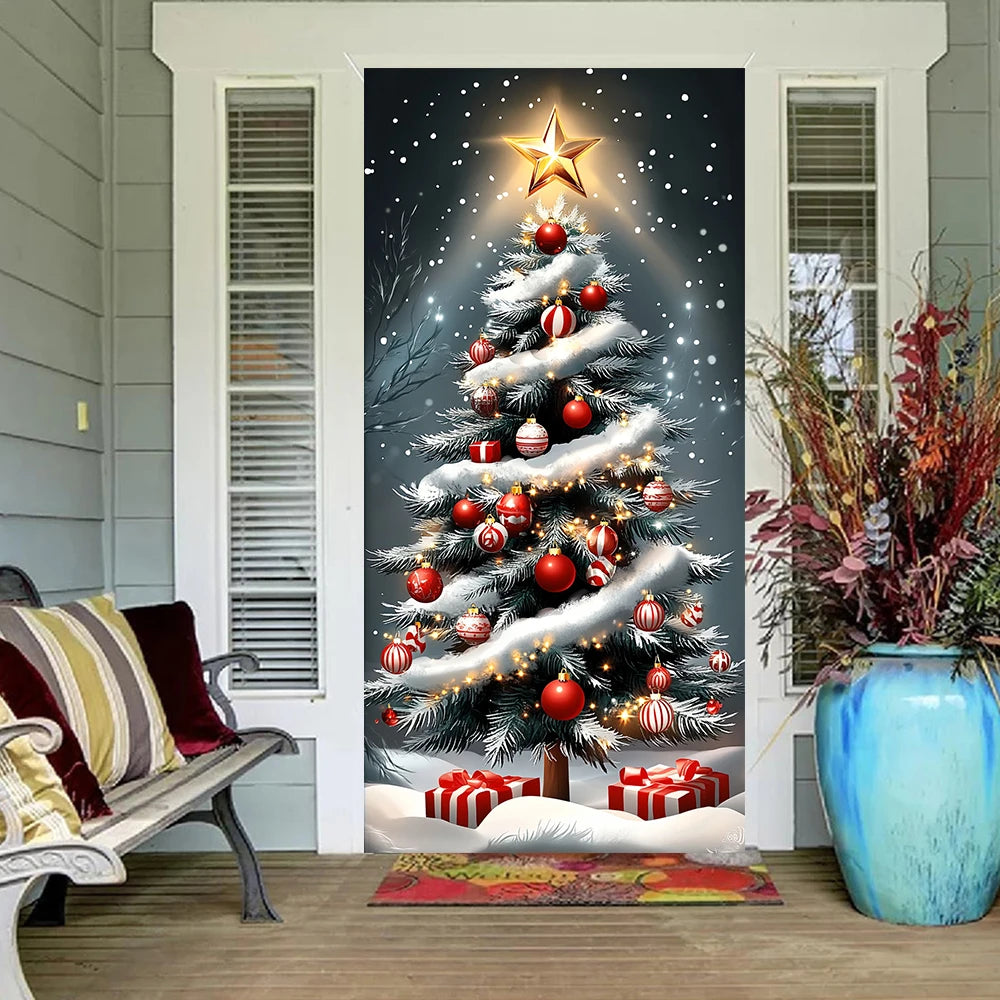 Große Weihnachtsbaum-Muster-Türabdeckung, 185 x 90 cm, Banner, vielseitig einsetzbar, zum Aufhängen, für Zuhause, Outdoor, Dekorationen für Eingänge, Zimmer, Küche