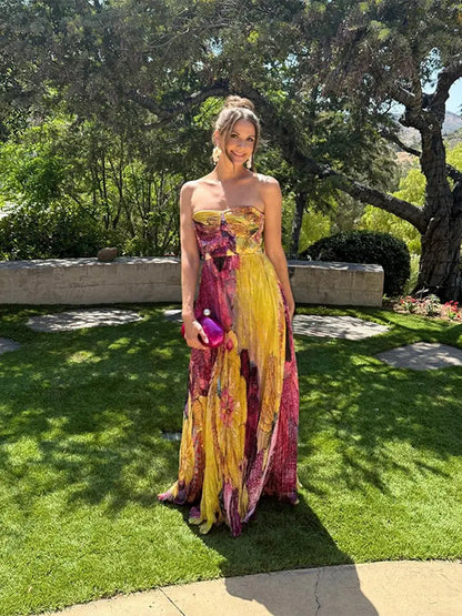 Elegant Printed Long Party Dress Women Strapless Sleeveless Backless Slim Sling Pleated Dresses 2025 Summer Lady Party Robes New