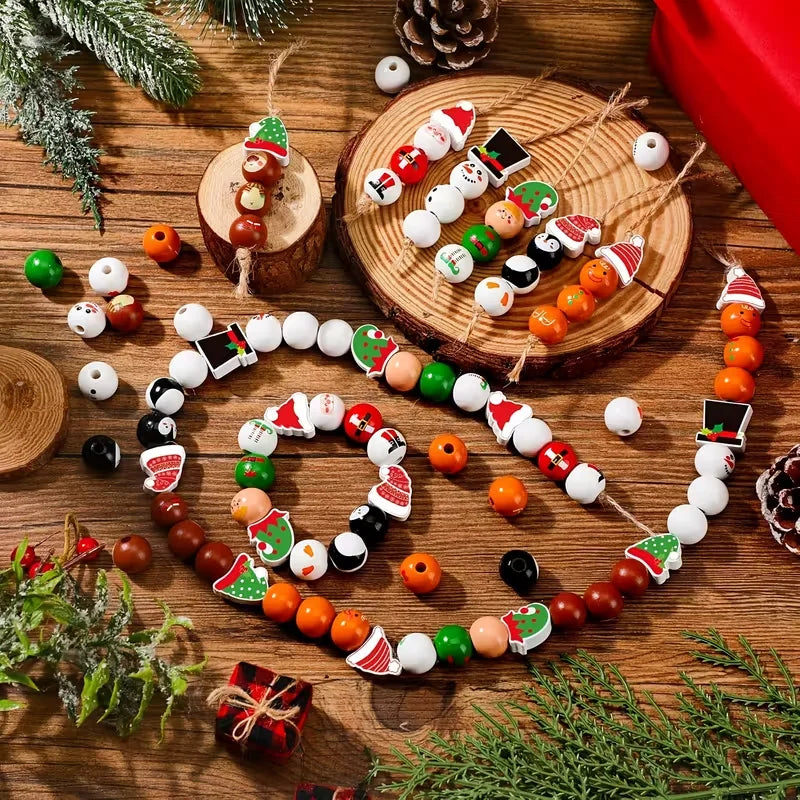 48/80Pcs DIY Weihnachten Holz Perlen Set Santa Schneemann Elf Girlande Weihnachten Baum Hängen Anhänger Neue Jahr Party hause Dekoration Geschenk
