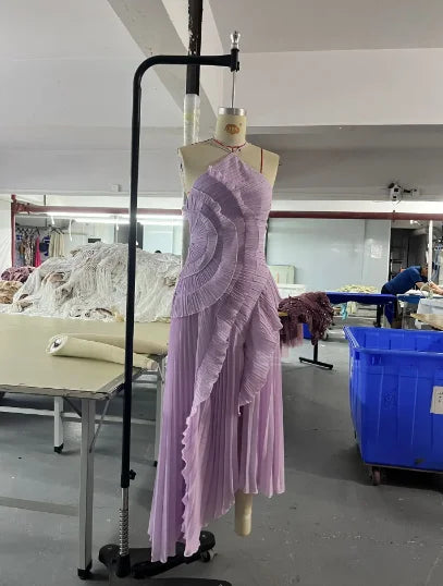 Mingmingxi Elegant Purple Halter A Line Prom Gowns Ruffles Tiered Backless Party Gown Vacation Chiffon Long Evening Dress