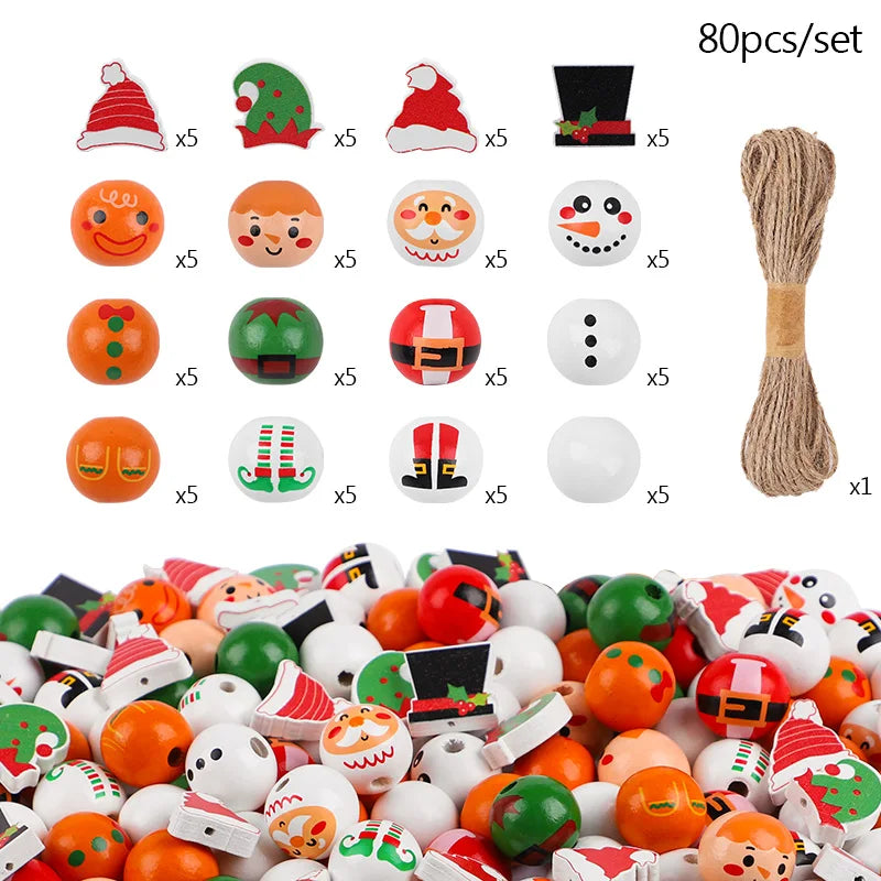 48/80Pcs DIY Weihnachten Holz Perlen Set Santa Schneemann Elf Girlande Weihnachten Baum Hängen Anhänger Neue Jahr Party hause Dekoration Geschenk