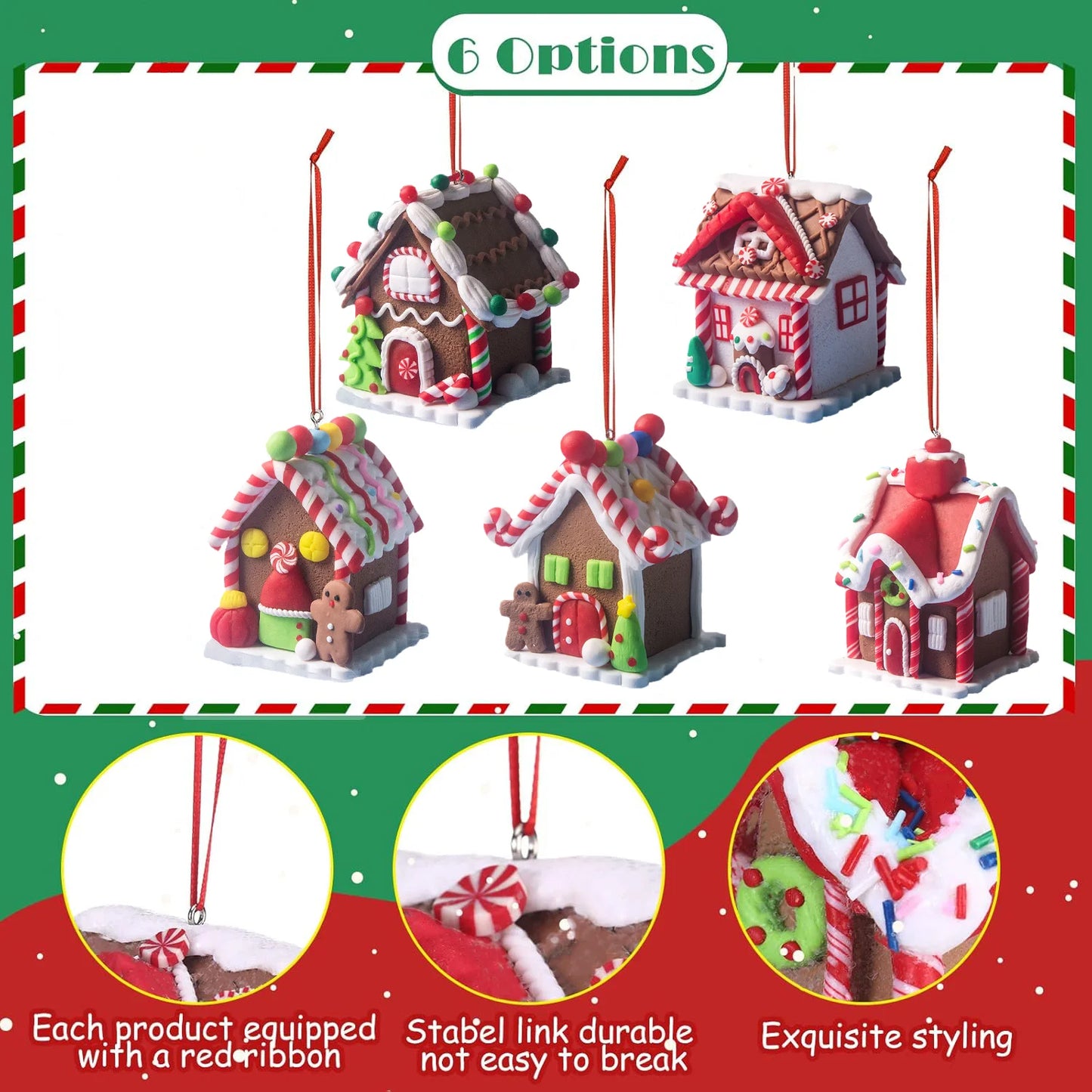 5 Stück Haus-Ornamente Set – Lebkuchenhaus Weihnachtsbaum Ornament mit Aufhängeband – Festliche Urlaub Weihnachtsdekoration