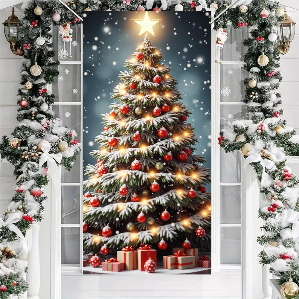 Große Weihnachtsbaum-Muster-Türabdeckung, 185 x 90 cm, Banner, vielseitig einsetzbar, zum Aufhängen, für Zuhause, Outdoor, Dekorationen für Eingänge, Zimmer, Küche