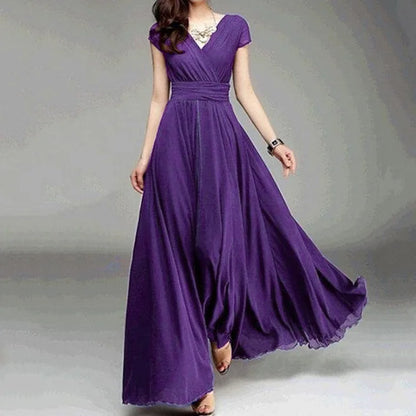 Women's Short-Sleeved Chiffon Evening Dress, Female Party Dress, Monochromatic, Bohemian, Long, Elegant, New, 2022