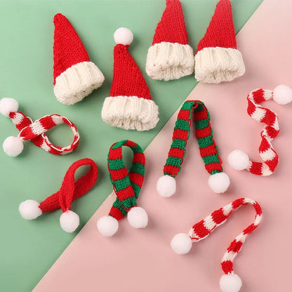 Mini Weihnachtsmütze und Schal Set – kleines Strick-Weihnachtskostüm für Katzen, Kaninchen, Puppen, Flaschenverschluss, DIY, Partydeko