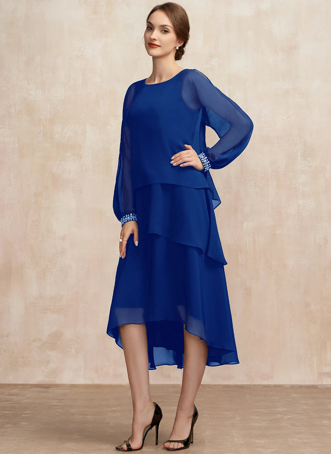 Women Plus Size Chiffon Dress Short Sleeve Elegant O-Neck Solid Party Irregular Layered Petal Sleeve Summer Fashion Maxi Dress