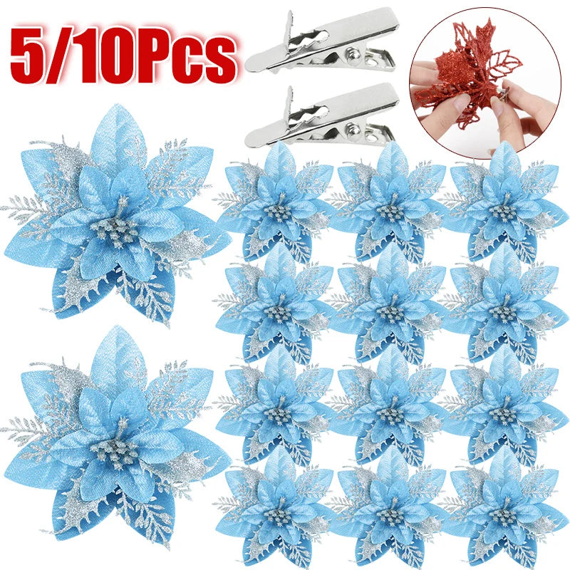 5/10 stücke Künstliche Weihnachten Baum Blume Glitter Dekoration Weihnachten Baum Ornamente Frohe Weihnachten Dekor Für Frohes Neues Jahr Navidad