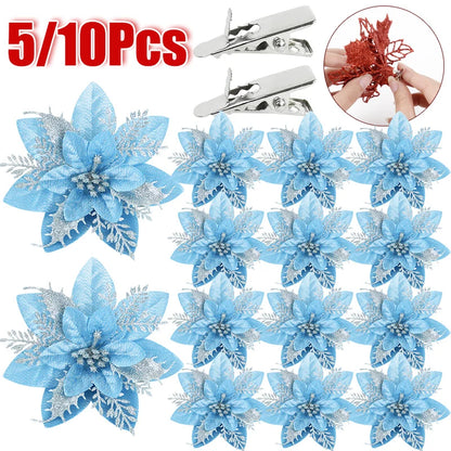 5/10 stücke Künstliche Weihnachten Baum Blume Glitter Dekoration Weihnachten Baum Ornamente Frohe Weihnachten Dekor Für Frohes Neues Jahr Navidad