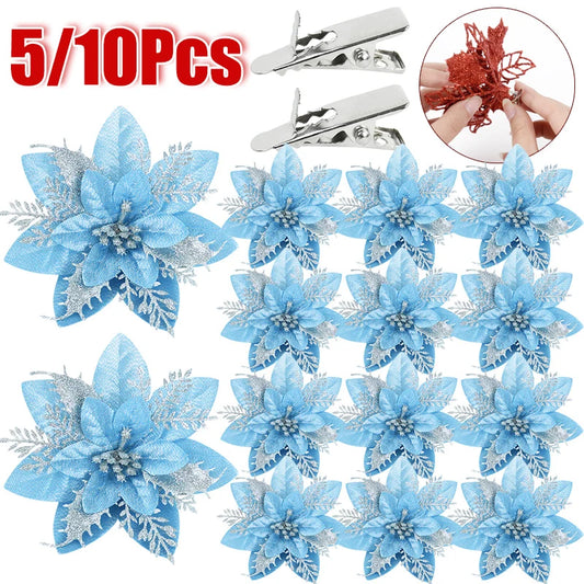 5/10 stücke Künstliche Weihnachten Baum Blume Glitter Dekoration Weihnachten Baum Ornamente Frohe Weihnachten Dekor Für Frohes Neues Jahr Navidad
