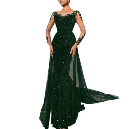 Elegant Long Lace Evening Dress for Women Fashionable Party Ball Gown Floor Length V Neck Polyester Fiber Empire Waist