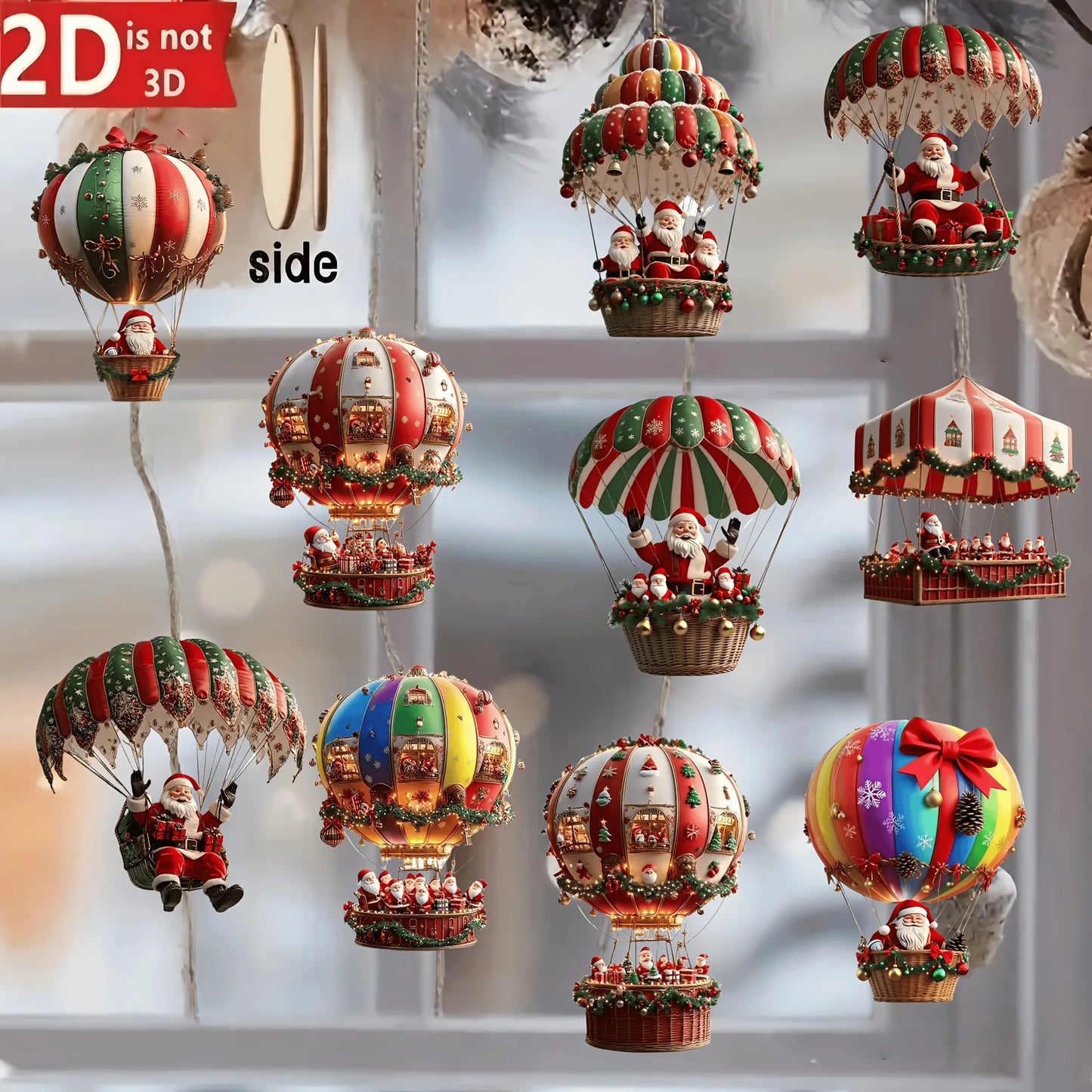 10 Stück Weihnachts-Heißluftballon Holzanhänger – 2D flache Weihnachtsmann-Dekoration, Weihnachtsbaum-Ornamente, perfekte Geschenke für die Feiertage