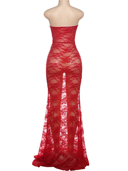 Nibber Lace Sexy Women Maxi Dress Stunning Coquette See Through Patchwork Drawstring Strapless Bodycon Mujer Midnight Club Robe