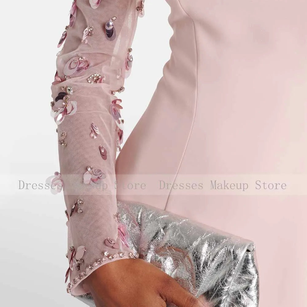 Luxury Evening Dresses for Women Boat Neck Illusion Sequined Full Sleeves Evening Gowns Mermaid/Trumpet Pink Wedding Guest Dress