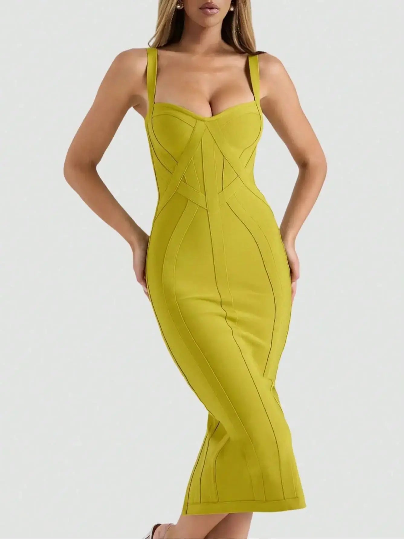 THE ERA Women's Fashion Spring Summer Sexy Elegant Spaghetti Strap Green Midi Ribbed Slit Bodycon Bandage Dress Party Cocktail