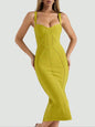 THE ERA Women's Fashion Spring Summer Sexy Elegant Spaghetti Strap Green Midi Ribbed Slit Bodycon Bandage Dress Party Cocktail
