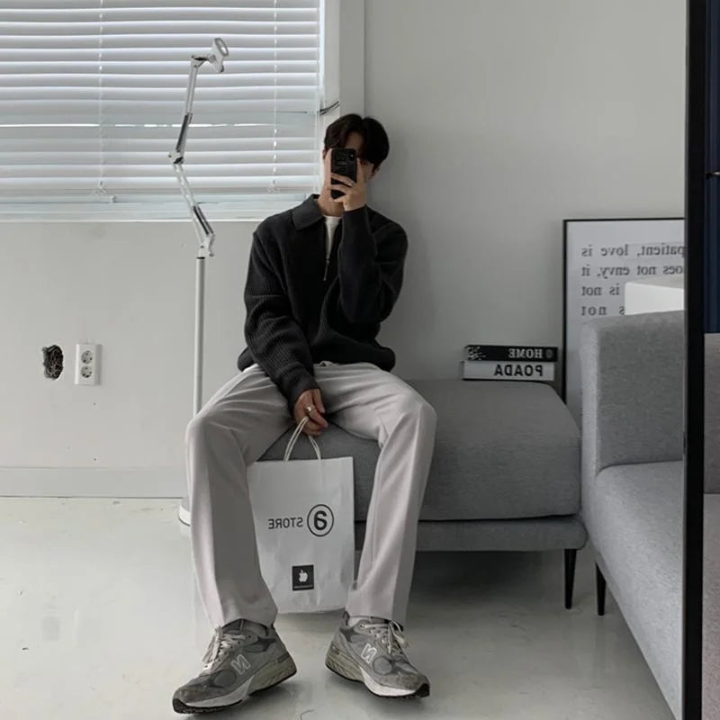 Winter Lapel Sweater Men Warm Fashion Casual Knit Pullover Men Korean Loose Zipper Long Sleeve Sweater Mens Jumper Clothes