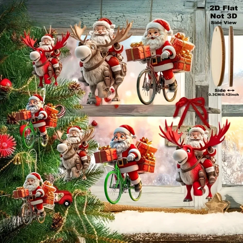 8/16/24PCS Weihnachten Holz Fahrrad Santa Claus 2D Flache Anhänger Weihnachten Baum Dekoration Urlaub Geschenk Weihnachten ornamente Wohnkultur