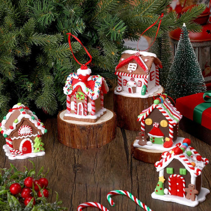5 Stück Haus-Ornamente Set – Lebkuchenhaus Weihnachtsbaum Ornament mit Aufhängeband – Festliche Urlaub Weihnachtsdekoration