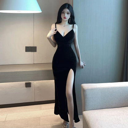 2023 Summer Women's Sexy Temperament V-neck Low cut Velvet sling ceremonial dress Side Split Slim Wrap buttocks Long Dress UR6Y