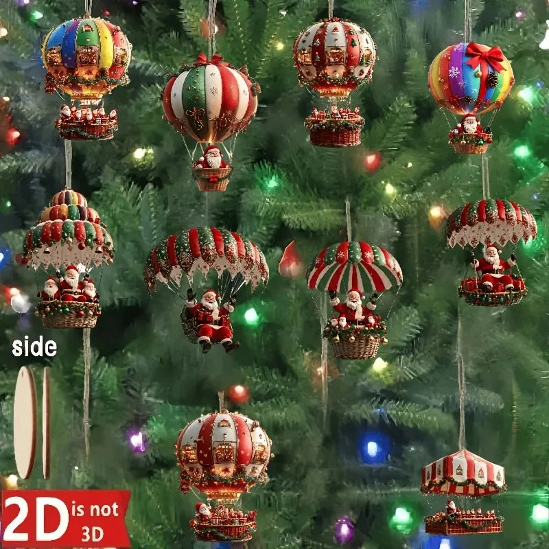 10 Stück Weihnachts-Heißluftballon Holzanhänger – 2D flache Weihnachtsmann-Dekoration, Weihnachtsbaum-Ornamente, perfekte Geschenke für die Feiertage