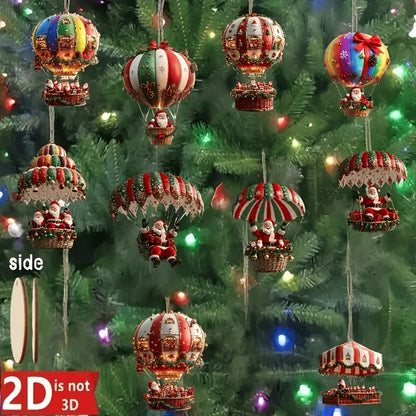 10 Stück Weihnachts-Heißluftballon Holzanhänger – 2D flache Weihnachtsmann-Dekoration, Weihnachtsbaum-Ornamente, perfekte Geschenke für die Feiertage