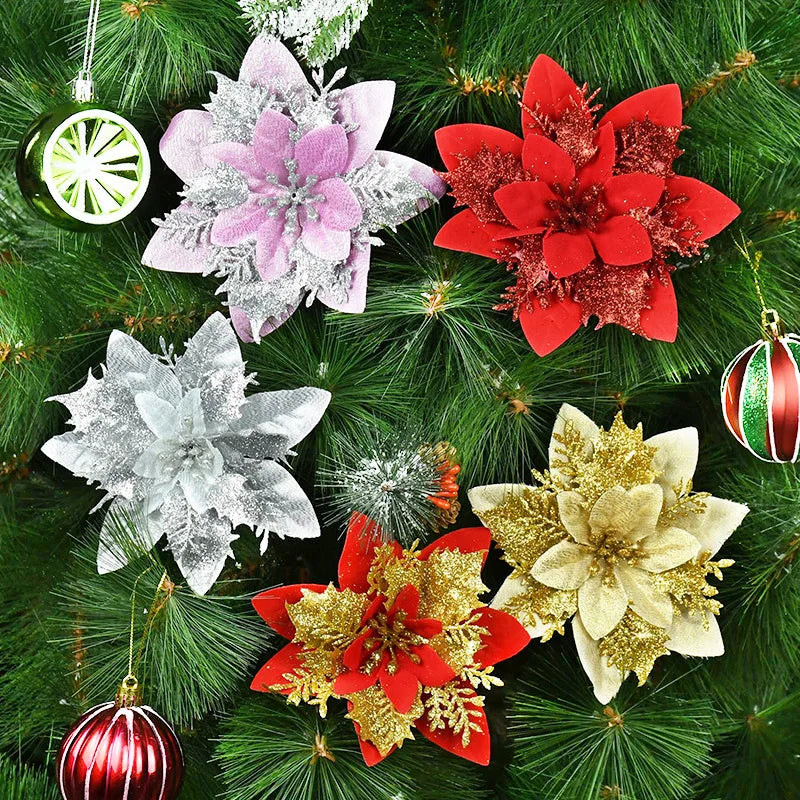 5/10 stücke Künstliche Weihnachten Baum Blume Glitter Dekoration Weihnachten Baum Ornamente Frohe Weihnachten Dekor Für Frohes Neues Jahr Navidad