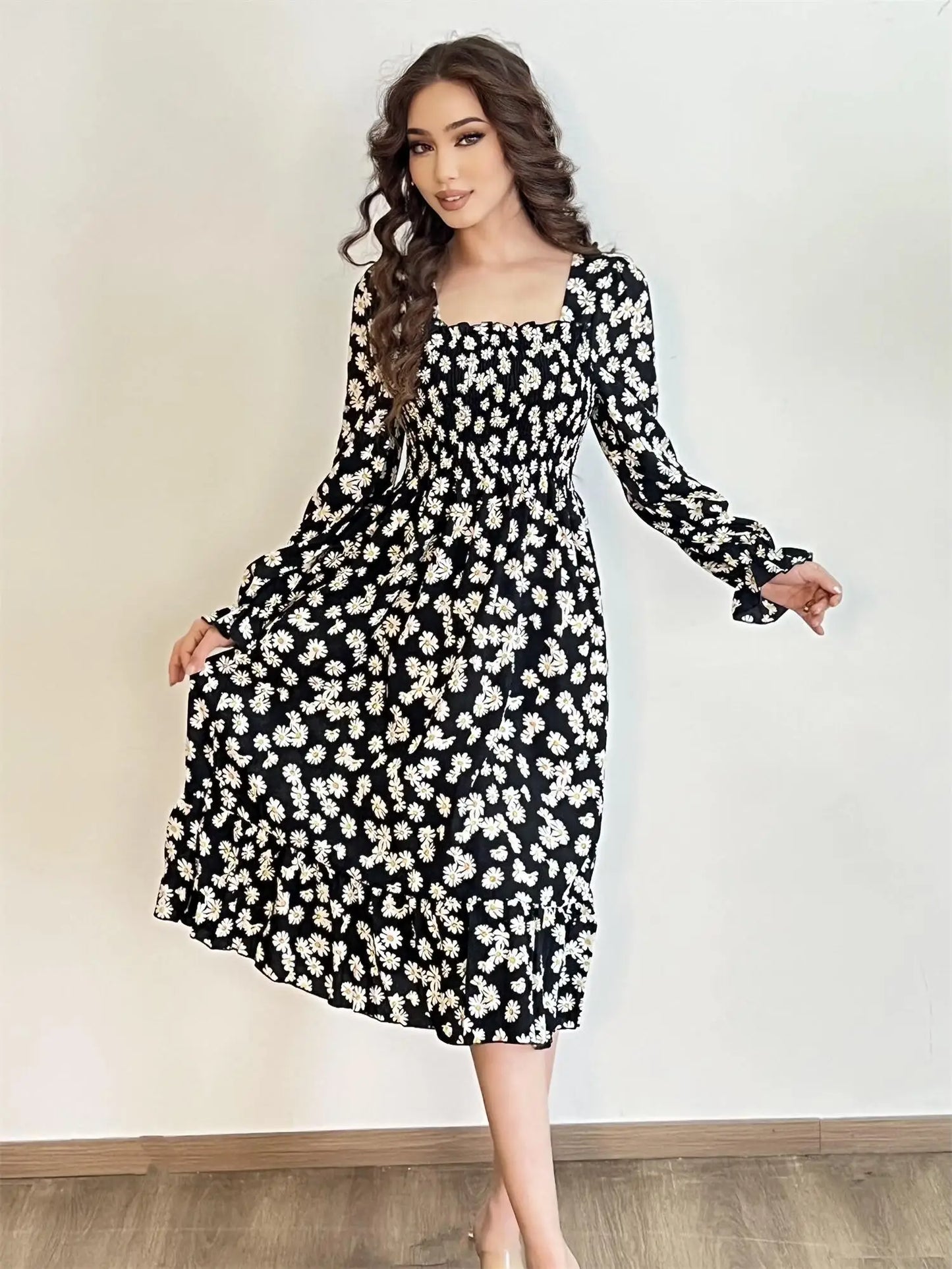 Autumn Spring Casual Dress Women Chiffon Dresses Long Sleeve A-line Printed Floral Elastic Chest Lace Up Midi Dresses Vestidos