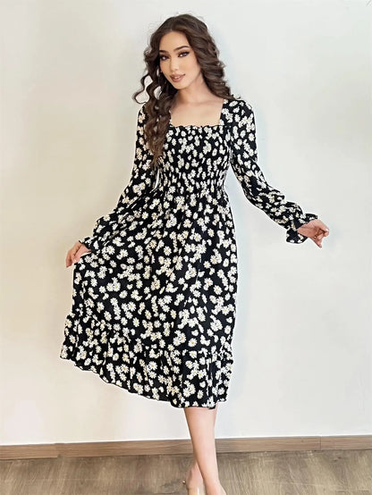 Autumn Spring Casual Dress Women Chiffon Dresses Long Sleeve A-line Printed Floral Elastic Chest Lace Up Midi Dresses Vestidos
