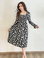 Autumn Spring Casual Dress Women Chiffon Dresses Long Sleeve A-line Printed Floral Elastic Chest Lace Up Midi Dresses Vestidos