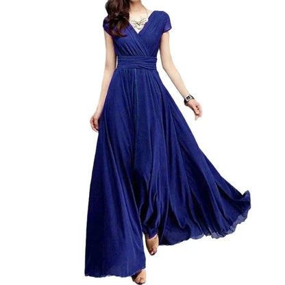Women's Short-Sleeved Chiffon Evening Dress, Female Party Dress, Monochromatic, Bohemian, Long, Elegant, New, 2022
