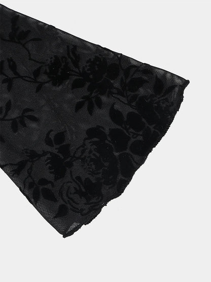 Women's Long Flared Sleeve round Neck Black Floral Lace Elegant Midi Dress Spring Summer Fashionable Casual Maxi Gown