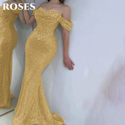 ROSES Pearl Gorgeous Prom Dress Sweetheart Off the Shoulder Hollow Prom Gown with Fishbone Shiny Sequins Formal Gown Customized