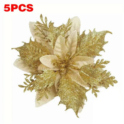 Künstliche Glitzer-Weihnachtsdekoration – Blumen für Weihnachtsbaumschmuck – Gefälschte Blumen – Neujahrs- & Partydekoration – Heimdekoration Weihnachten