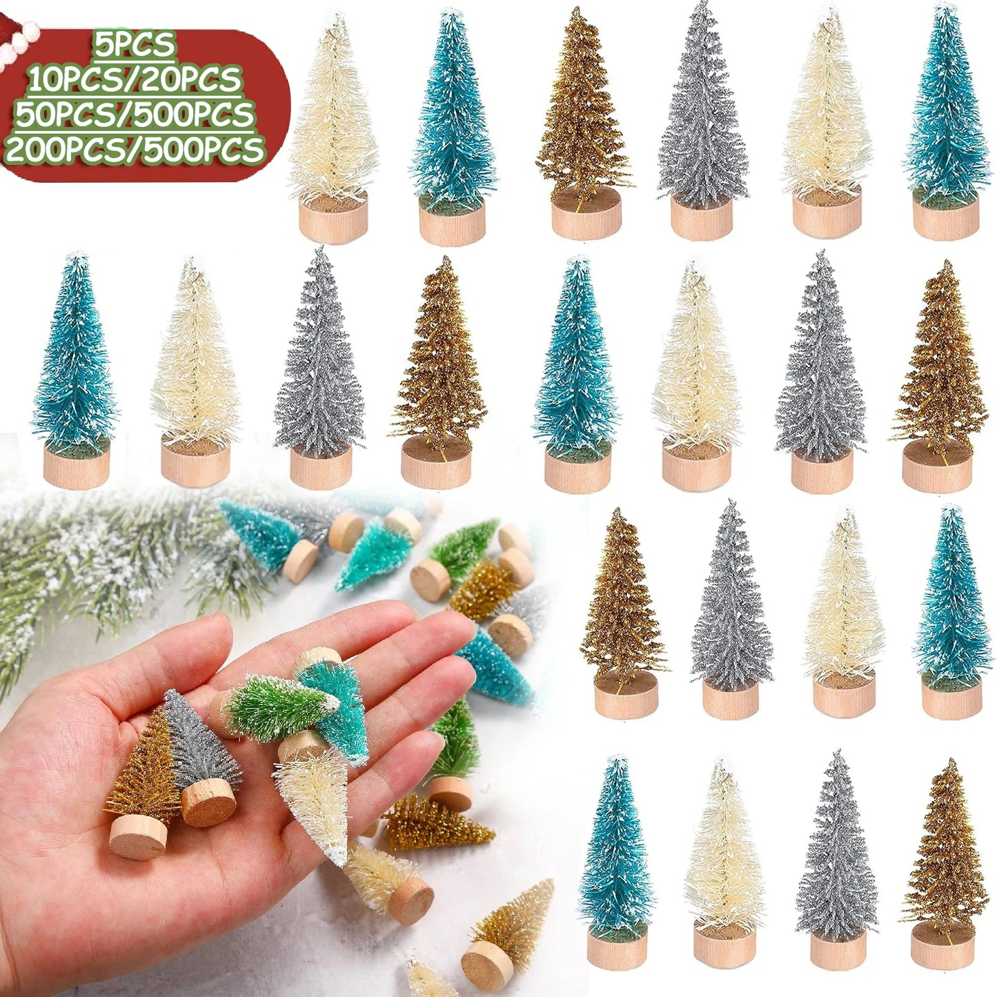 5/500 Stück Mini Weihnachtsbaum – Kleine Künstliche Tannenbaum-Ornamente aus Sisal mit Holzsockel für Weihnachts- & Partydekoration