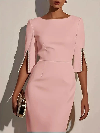 Women's Solid Color Elegant Round Neck Half Sleeve Beaded Decorated Slim Fit Midi Dress