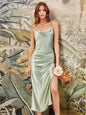 MisShow Sage Green Cowl Neck Satin Bandage Midi Summer Dresses for Women Sexy High Slit Tie Straps Evening Dress for Bridesmaid