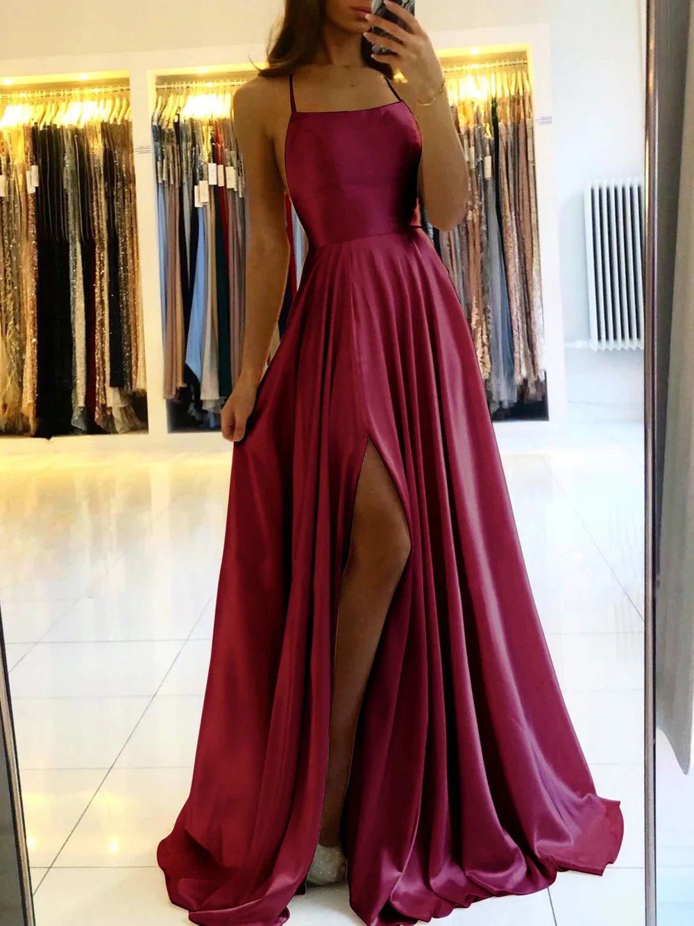 Wedding Prom Party Gowns Sleeveless A-line Long Satin Simple Spaghetti Straps Sexy Slit Vestidos Evening Dresses For Women
