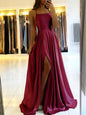 Wedding Prom Party Gowns Sleeveless A-line Long Satin Simple Spaghetti Straps Sexy Slit Vestidos Evening Dresses For Women