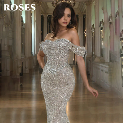 ROSES Pearl Gorgeous Prom Dress Sweetheart Off the Shoulder Hollow Prom Gown with Fishbone Shiny Sequins Formal Gown Customized