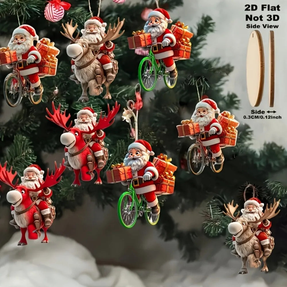 8/16/24PCS Weihnachten Holz Fahrrad Santa Claus 2D Flache Anhänger Weihnachten Baum Dekoration Urlaub Geschenk Weihnachten ornamente Wohnkultur